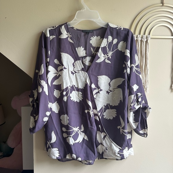 West Kei Tops - West Kei Purple and White Wrap Blouse 3/4 Sleeve